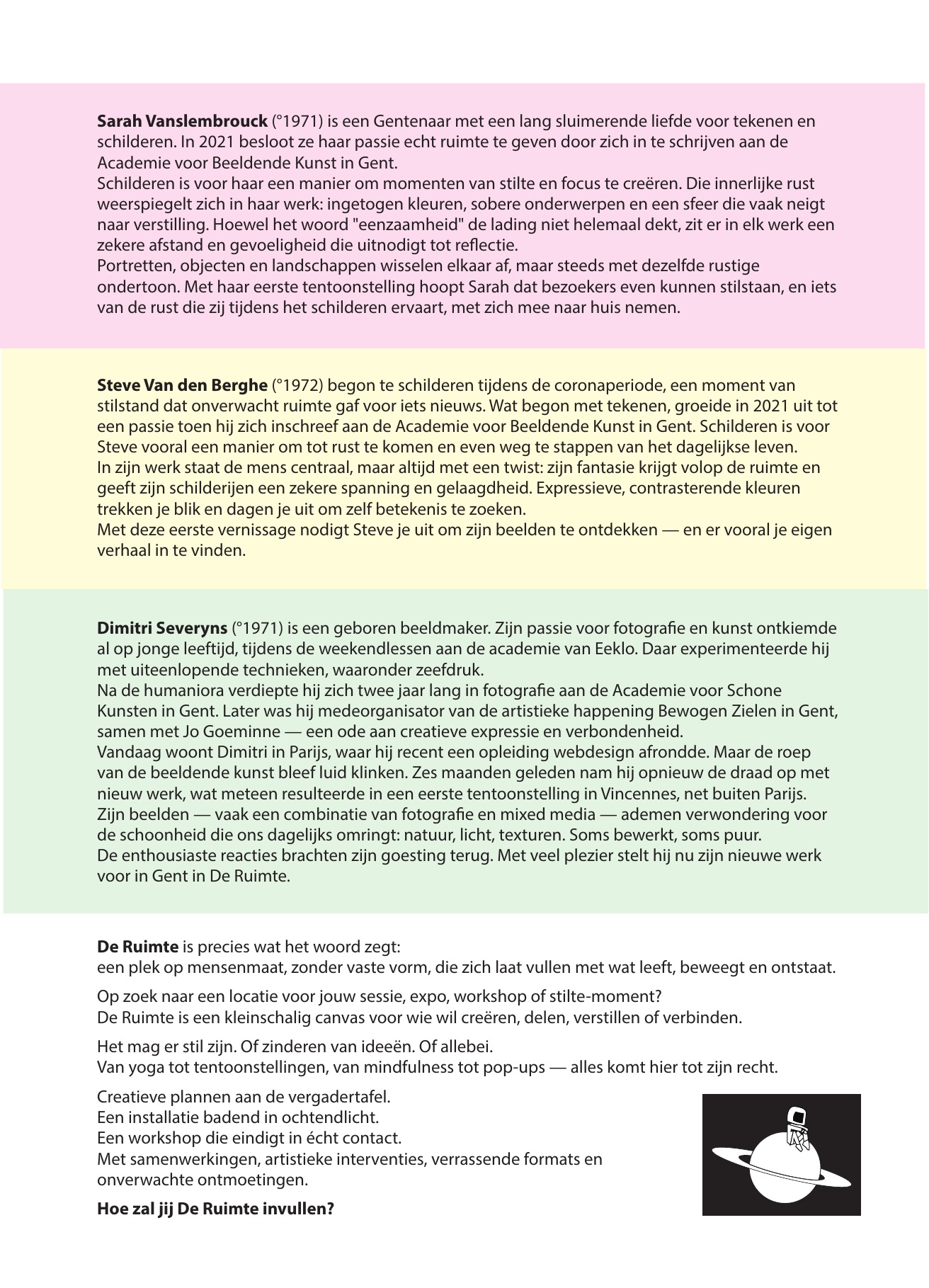 Back of the flyer De 3 en de ruimte with the artists’ biographies