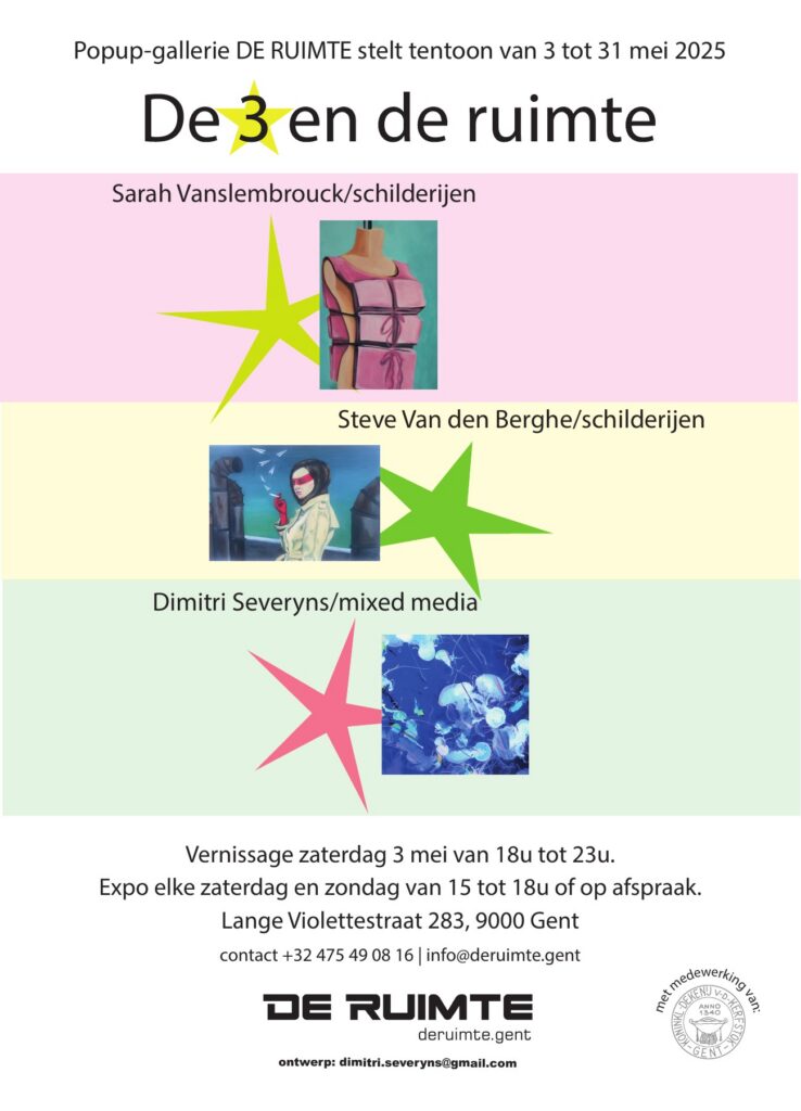 Flyer van De 3 en de ruimte, tentoonstelling in Galerie De Ruimte in mei 2025