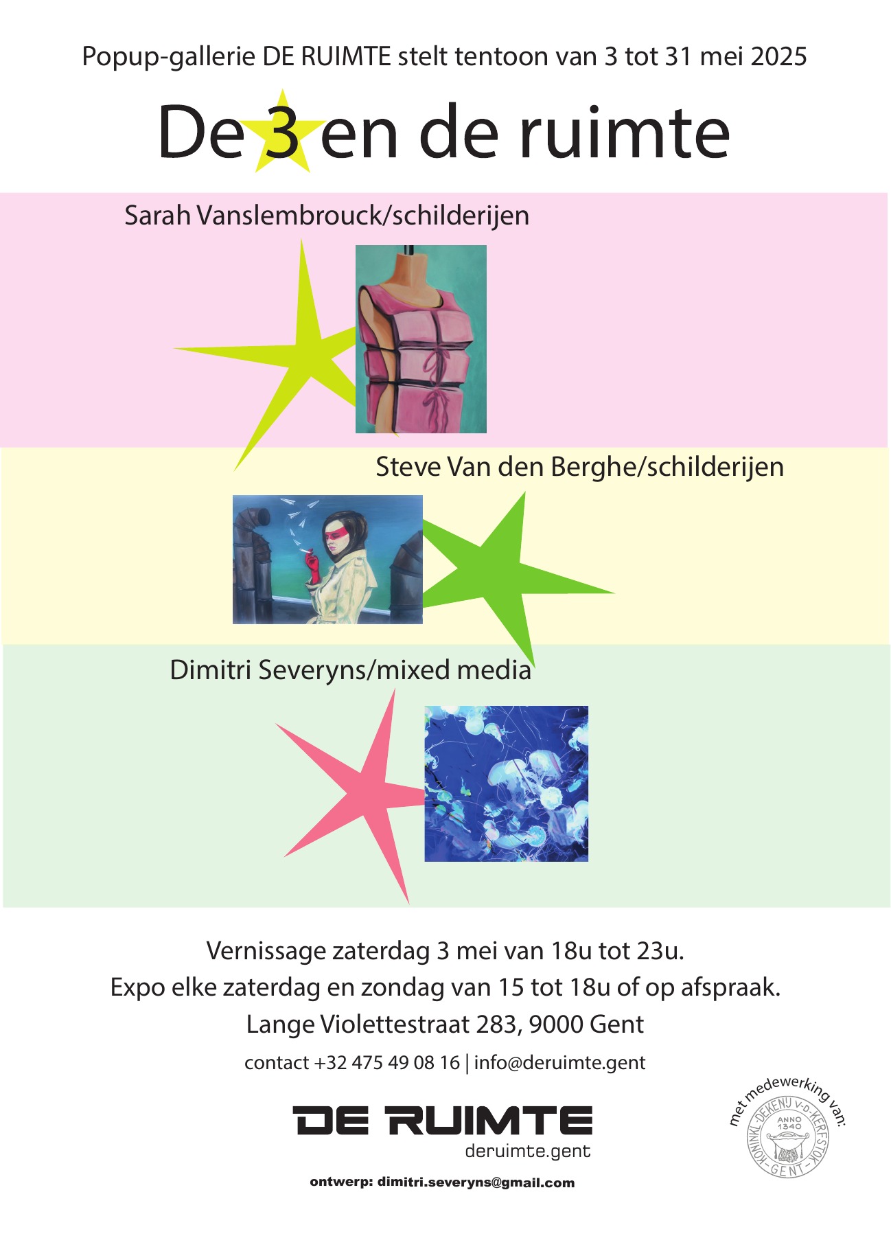 Flyer van De 3 en de ruimte, tentoonstelling in Galerie De Ruimte in mei 2025