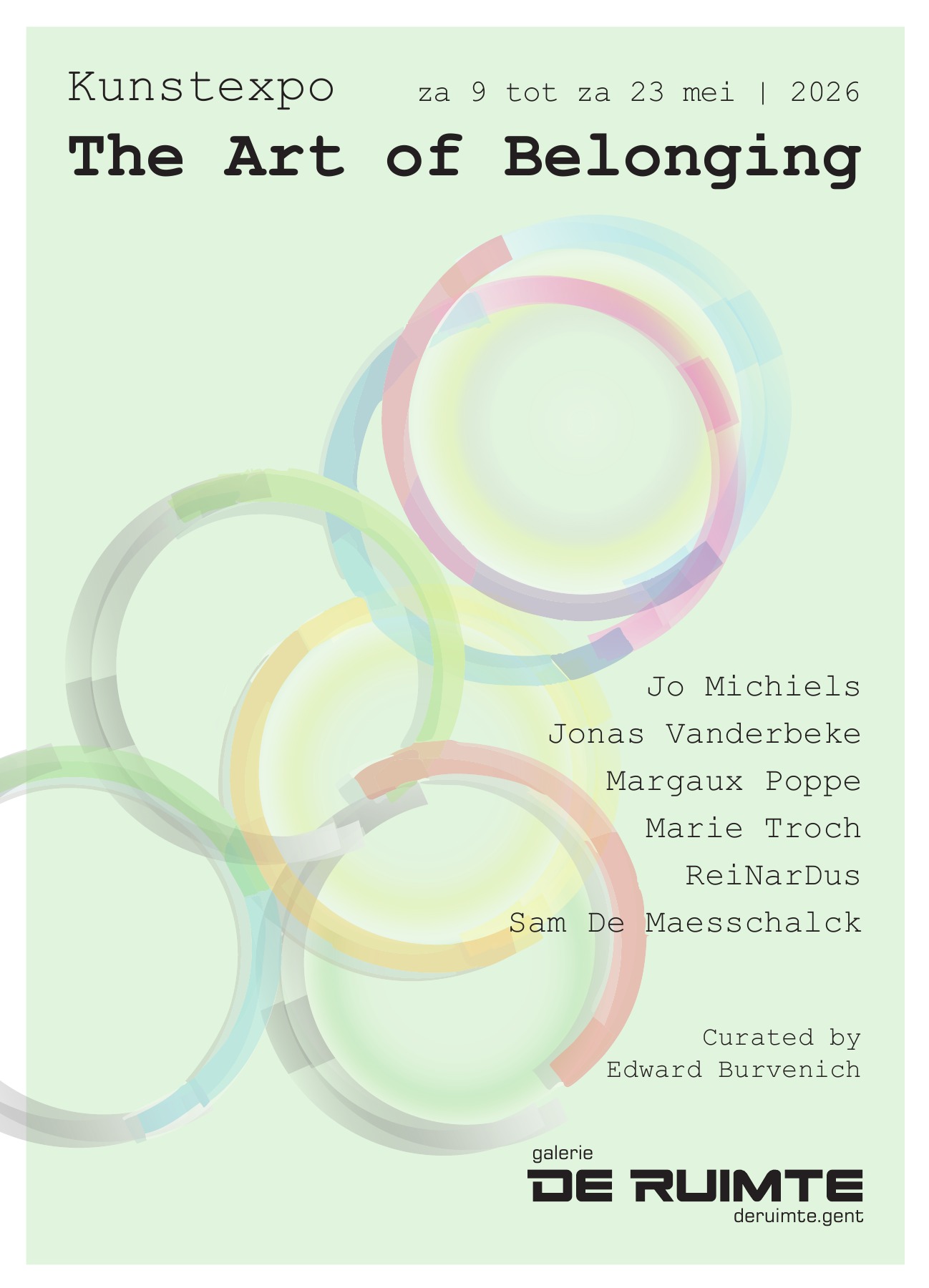 Flyer van The Art of Belonging, tentoonstelling in Galerie De Ruimte in mei 2026