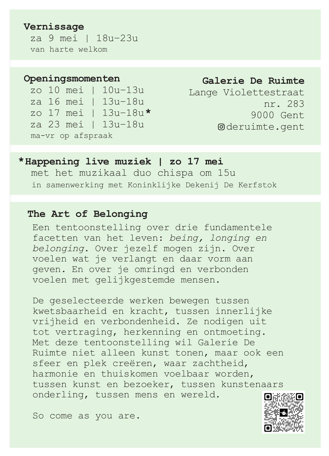Achterzijde flyer The Art of Belonging met openingsmomenten en tentoonstellingstekst